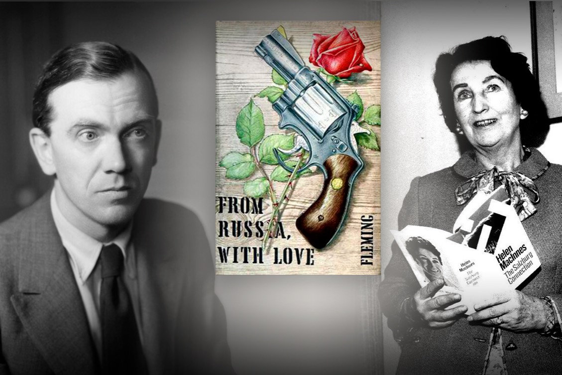 Image(l/r): Graham Greene; Ian Fleming; From Russia With Love (1st edition, 1957); Helen MacInnes 