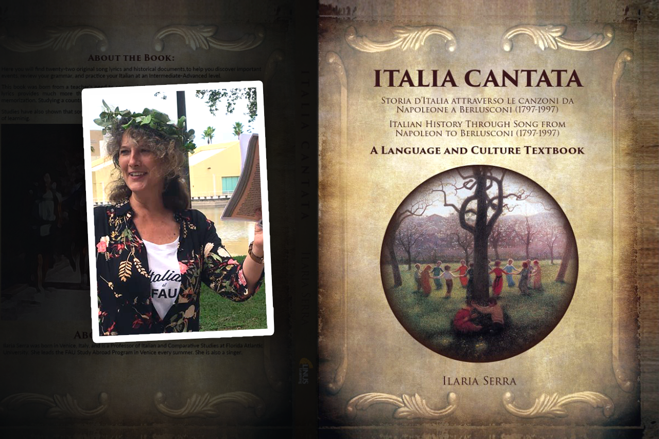  Ilaria Serra, Professor of Italian and Comparative Studies reading Dante’s Divine Comedy and cover of Italia cantata